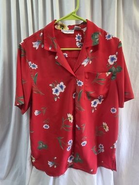 Alfred Dunner Red Floral Camp Collar Blouse